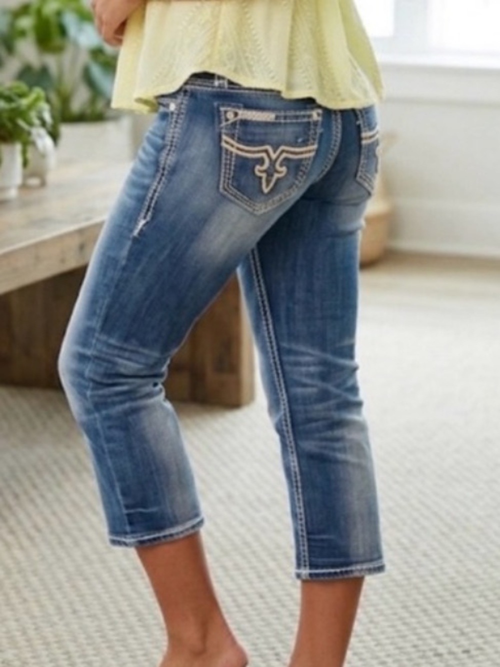 Y2K Rock Revival Women's Medium Blue Jacklyn Capri Denim Metallic Bikercore